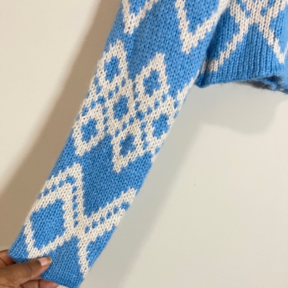 LA Hearts Womens Sweater Size Medium Blue and White Knit Diamond Lace Up Crop - Picture 4 of 10